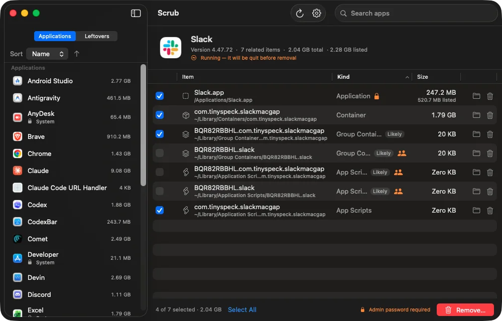 Screenshot of Scrub showing Slack selected with containers, group containers, app scripts, and total disk usage